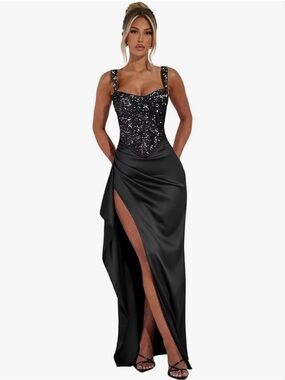 Black Sequin Bodice Satin Maxi Dress - Evening Gown